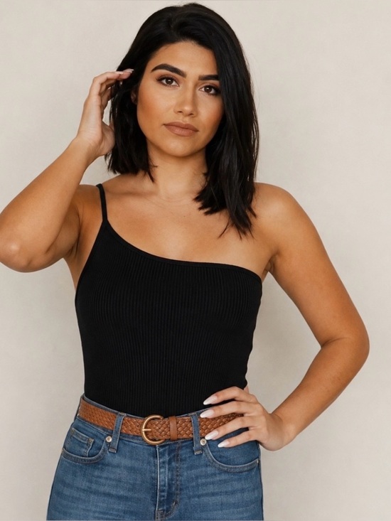 Tops - Black Ribbed One-Shoulder Bodysuit